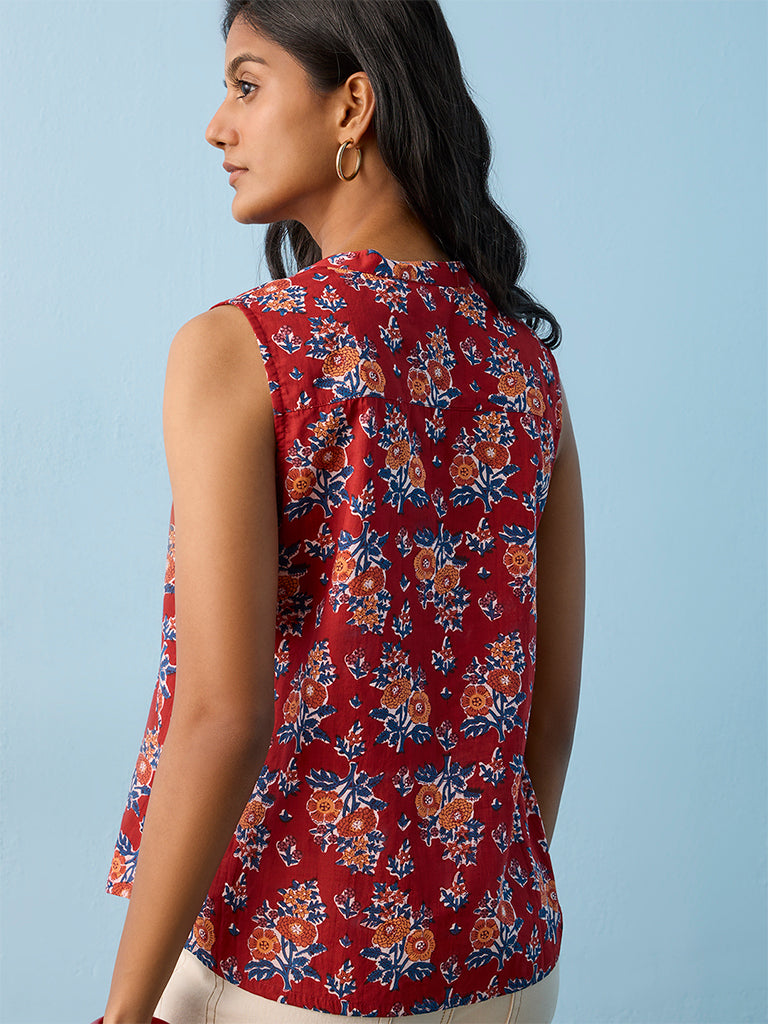 Utsa Red Floral Pattern Cotton Top