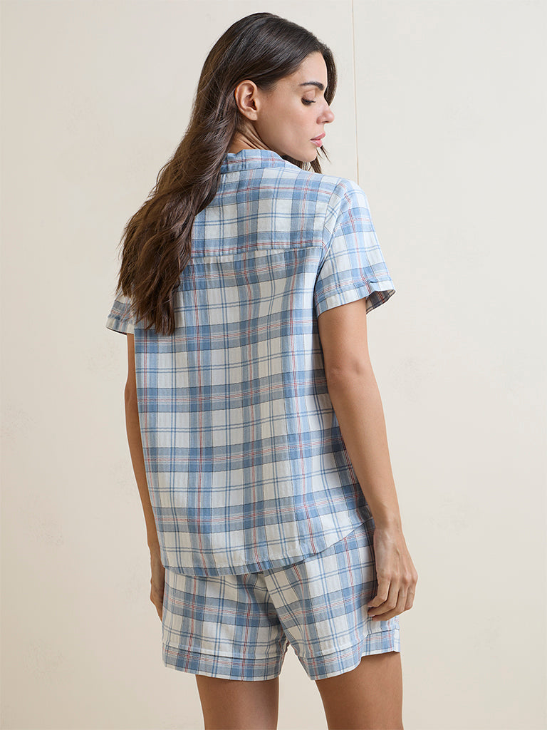 Wunderlove Blue Checkered Cotton Shirt and Shorts Set