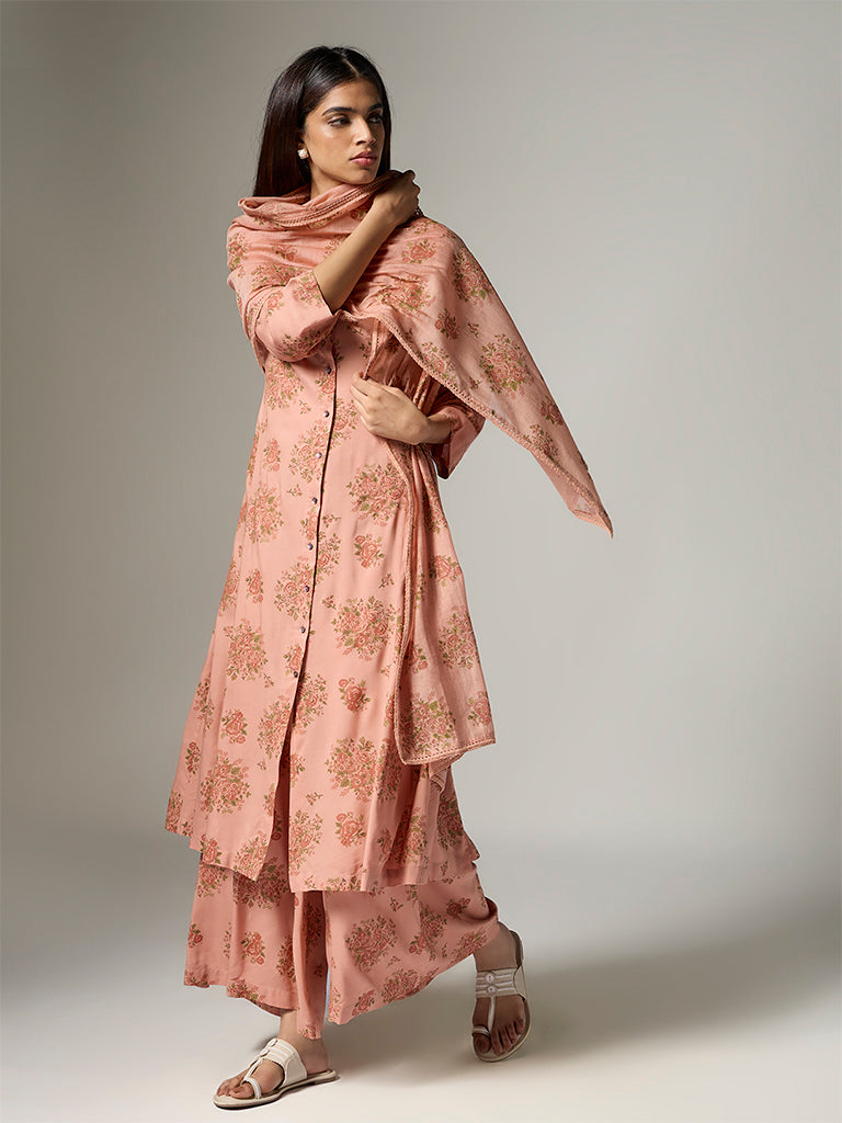 Zuba Peach Floral Printed Stole