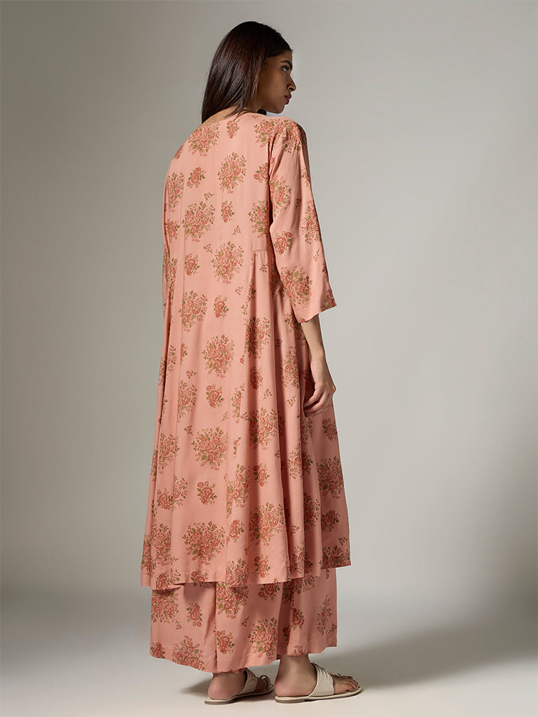 Zuba Peach Floral Detailed A-Line Kurta
