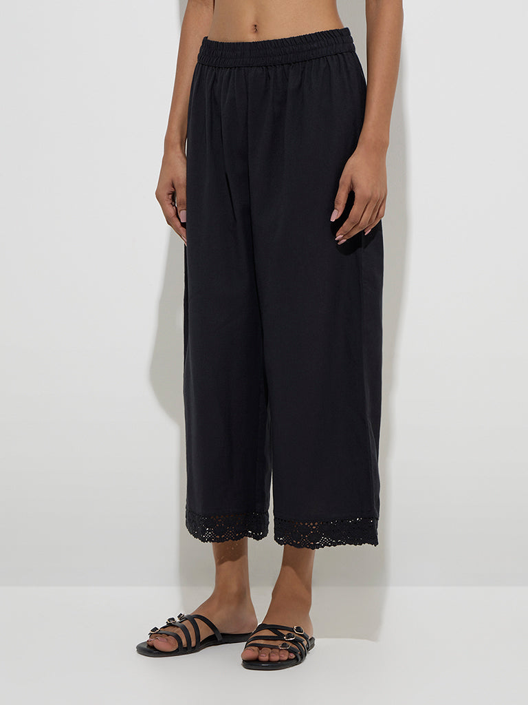 Utsa Black Crochet-Detailed Cotton Ethnic Pants 