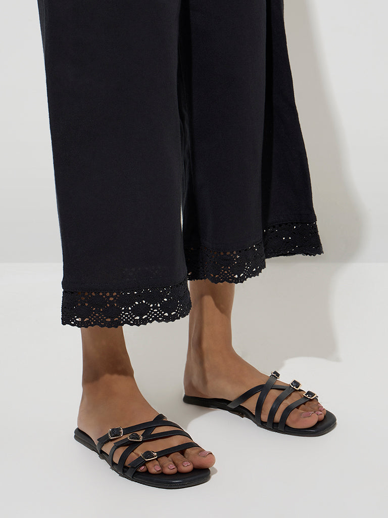 Utsa Black Crochet-Detailed Cotton Ethnic Pants 