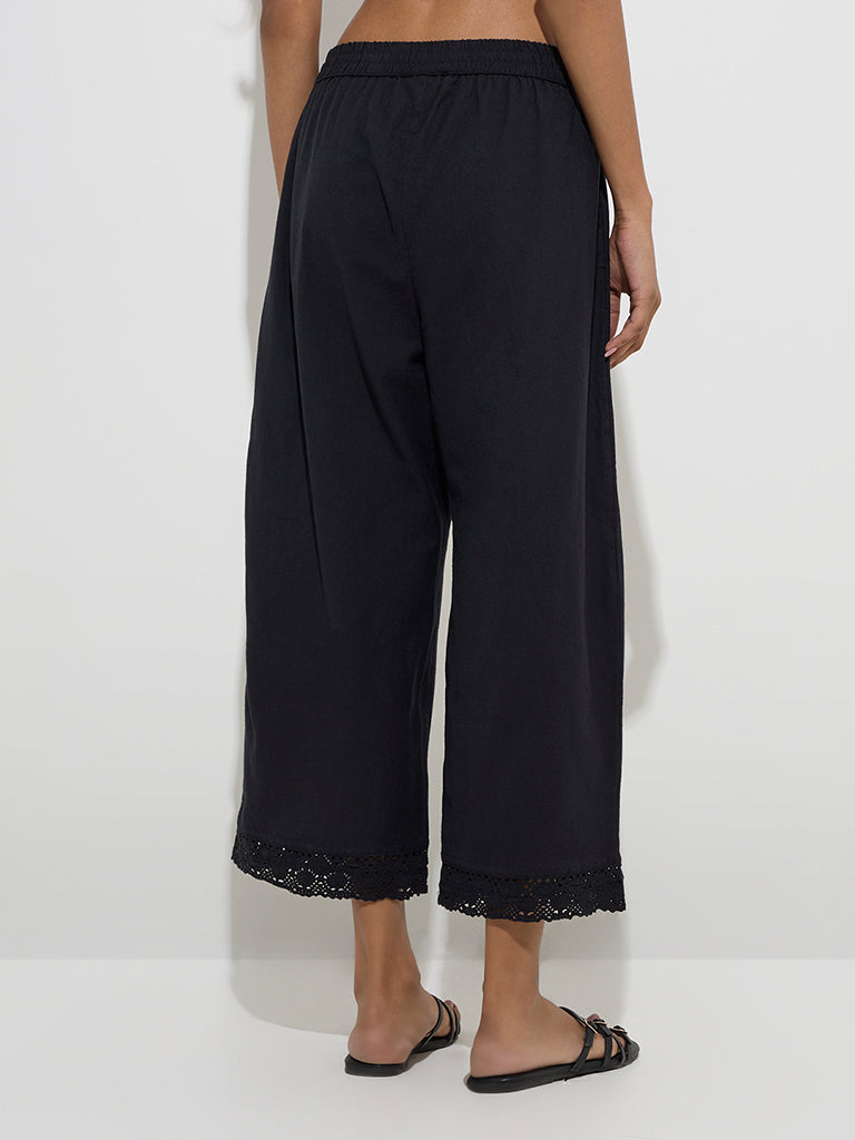 Utsa Black Crochet-Detailed Cotton Ethnic Pants 