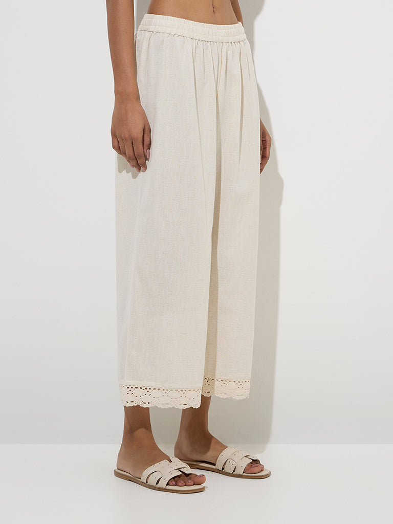 Utsa Off-White Crochet-Detailed Cotton Ethnic Palazzos
