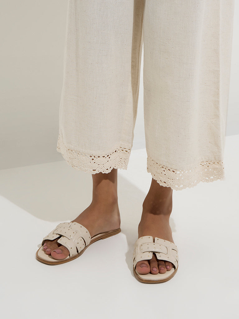 Utsa Off-White Crochet-Detailed Cotton Ethnic Palazzos