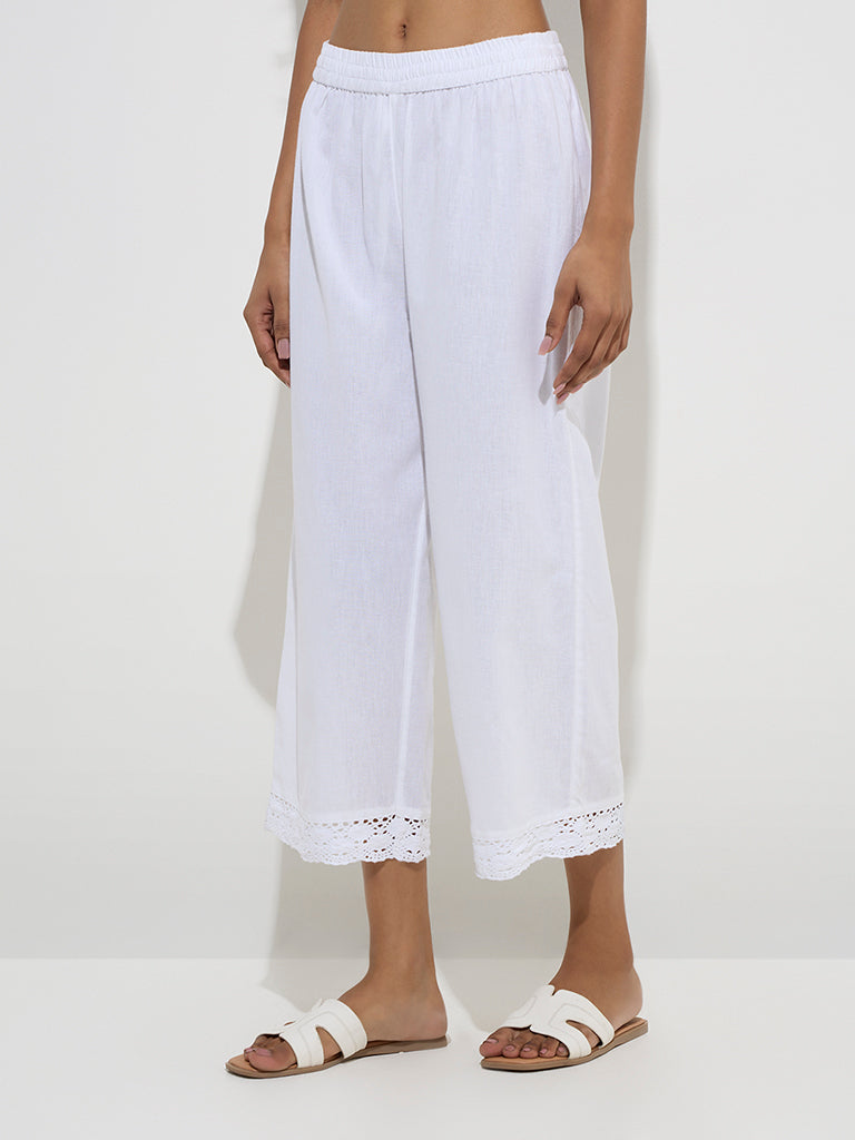 Utsa White Crochet-Detailed Cotton Ethnic Pants 