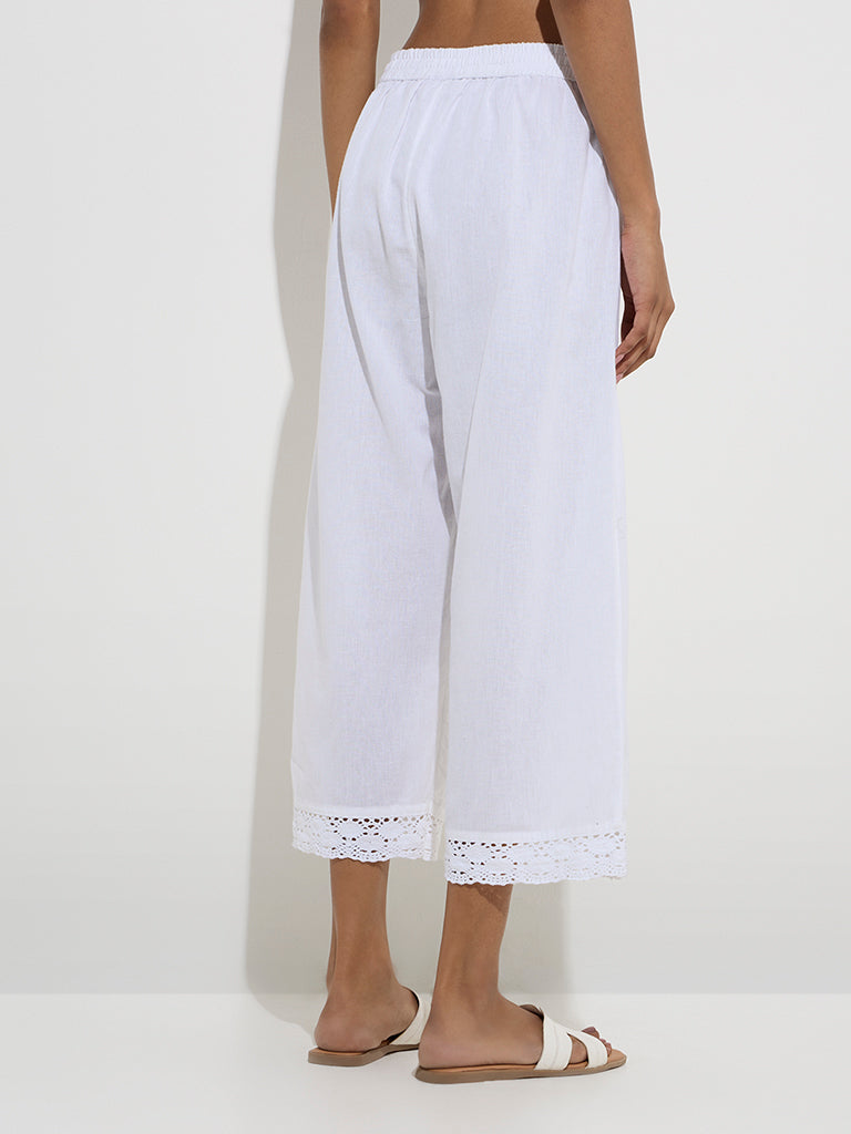 Utsa White Crochet-Detailed Cotton Ethnic Pants 
