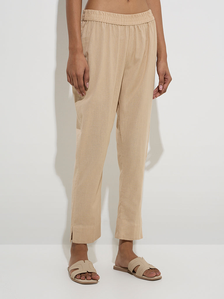 Utsa Beige Solid Cotton Ethnic Pants 