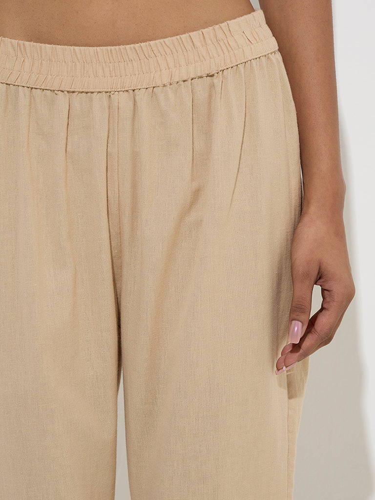Utsa Beige Solid Cotton Ethnic Pants 