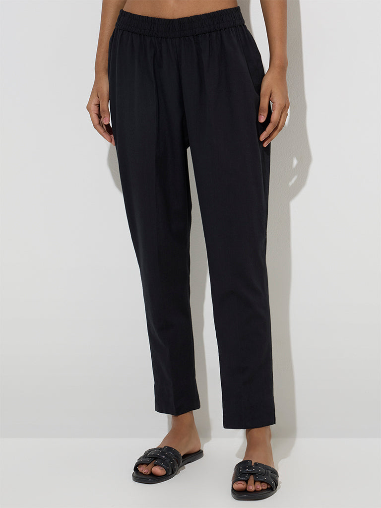 Utsa Black Solid Cotton Ethnic Pants