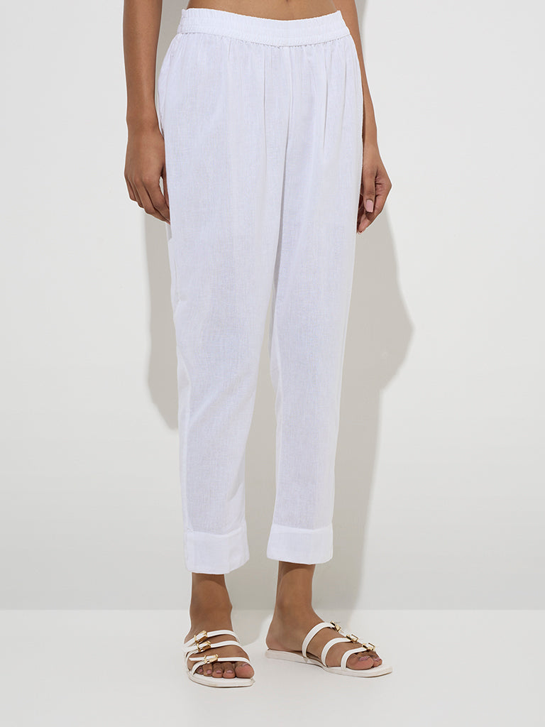 Utsa White Solid Cotton Ethnic Pants 