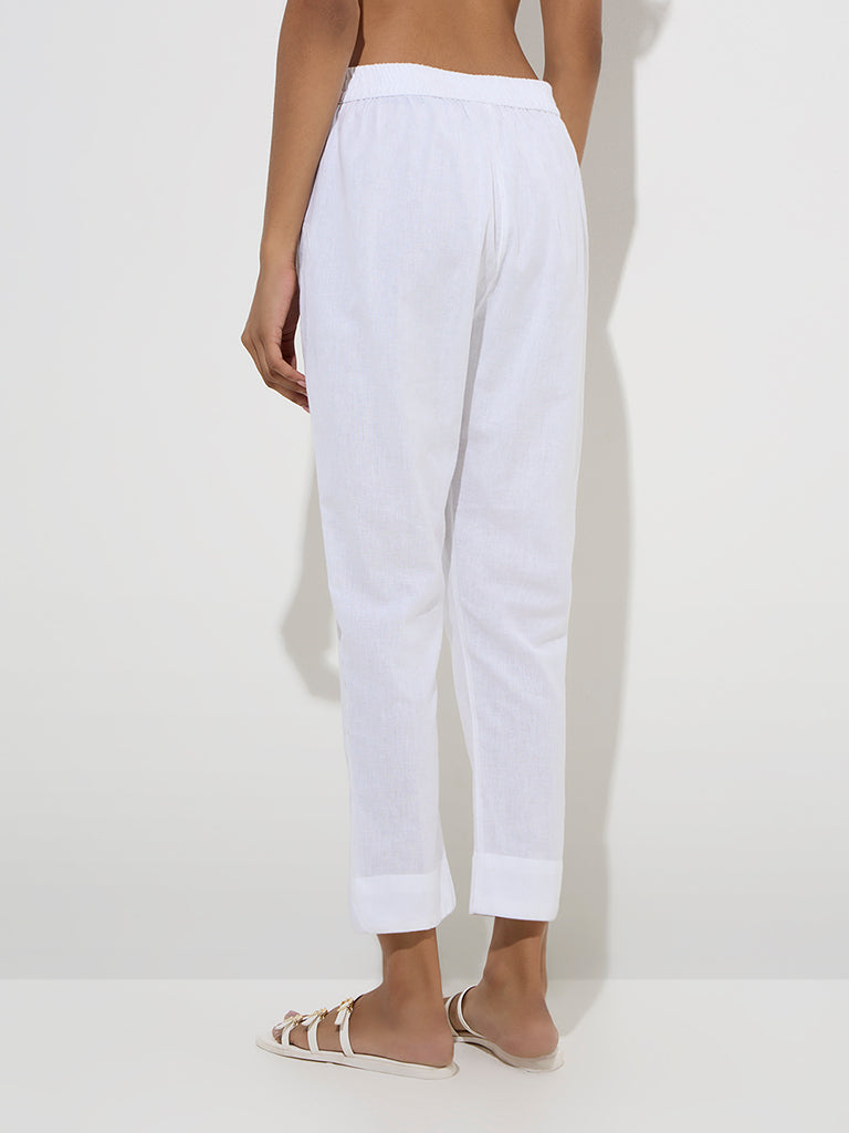 Utsa White Solid Cotton Ethnic Pants 