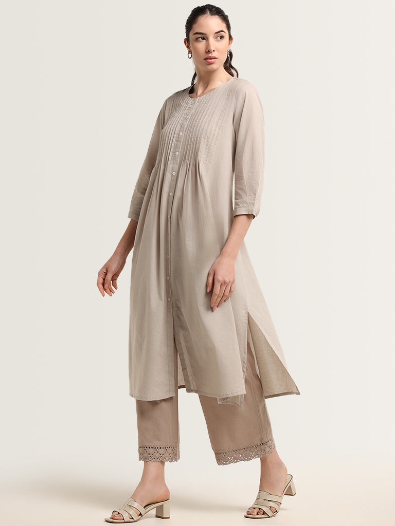 Utsa Beige Crochet-Detailed Cotton Ethnic Pants