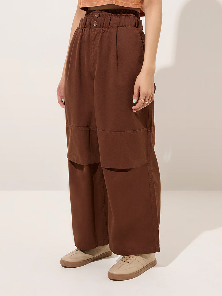 Nuon Dark Brown Wide-Leg High-Rise Cotton Pants