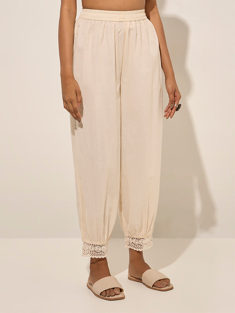 Utsa Light Beige Crochet-Detailed Harem-Style Ethnic Pants