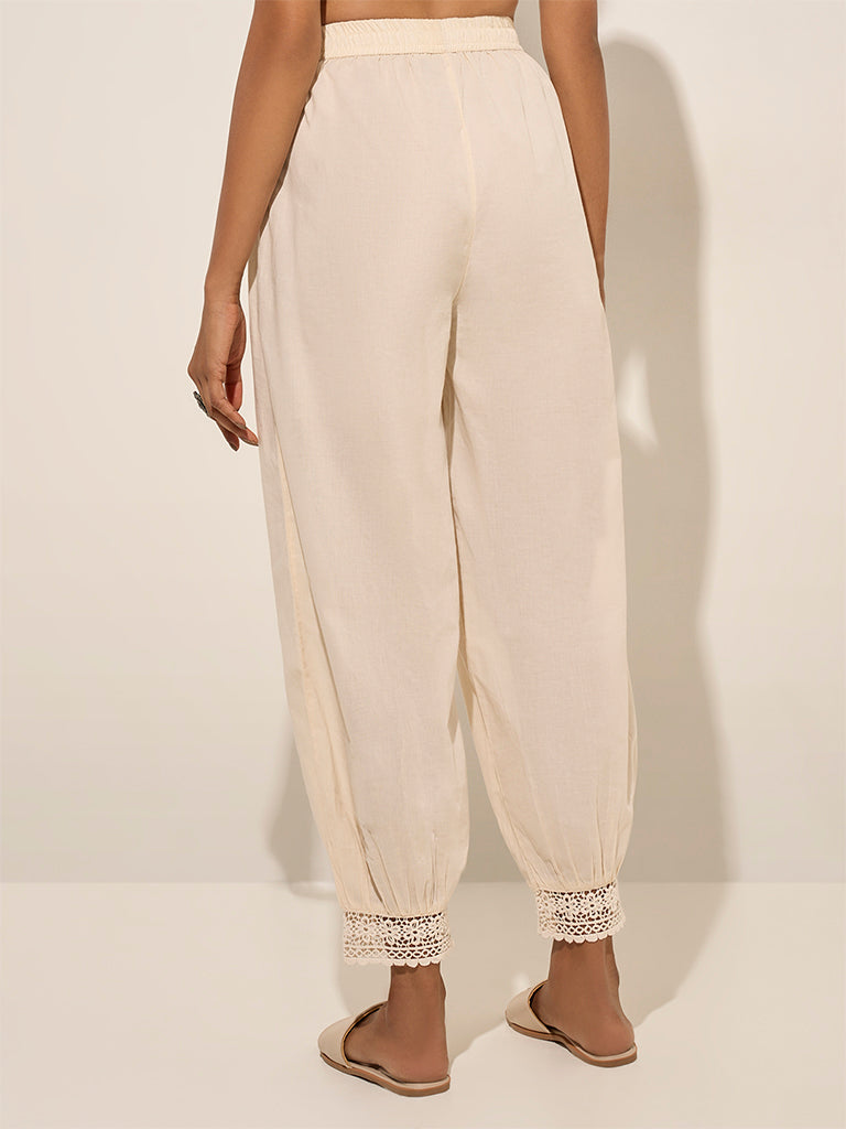 Utsa Light Beige Crochet-Detailed Harem-Style Ethnic Pants
