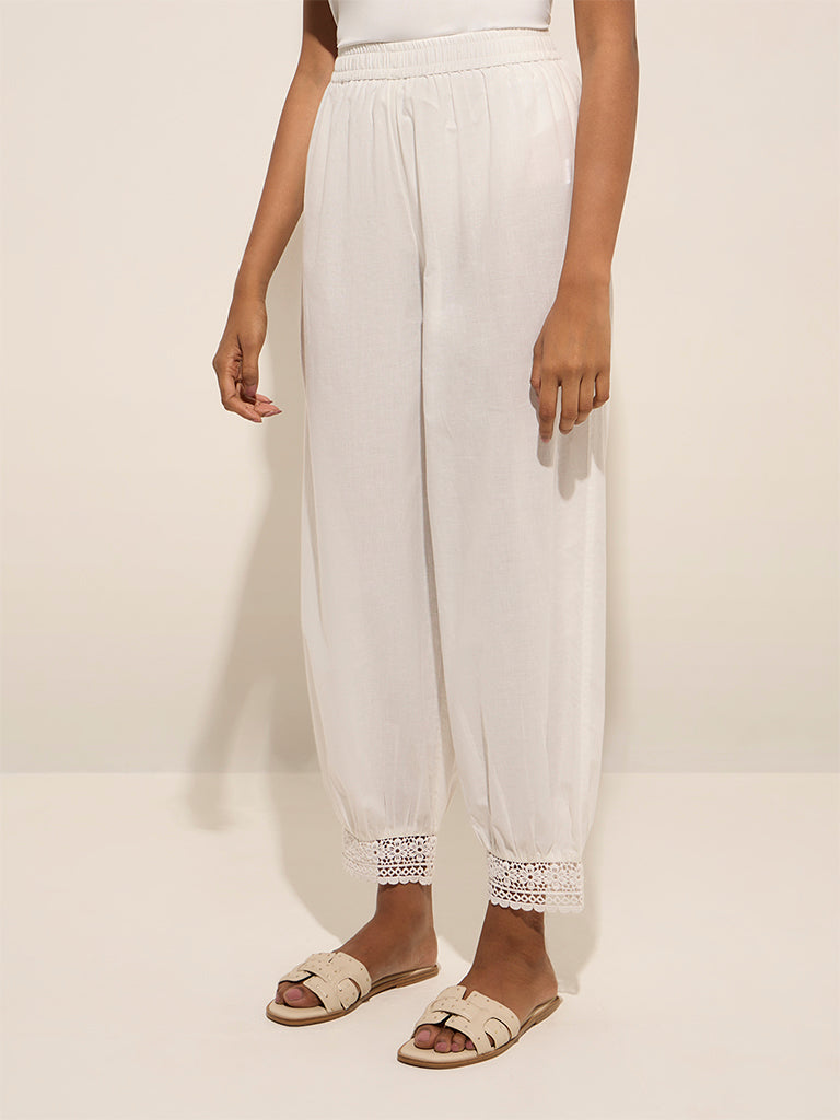 Utsa White Crochet-Detailed Harem-Style Cotton Pants