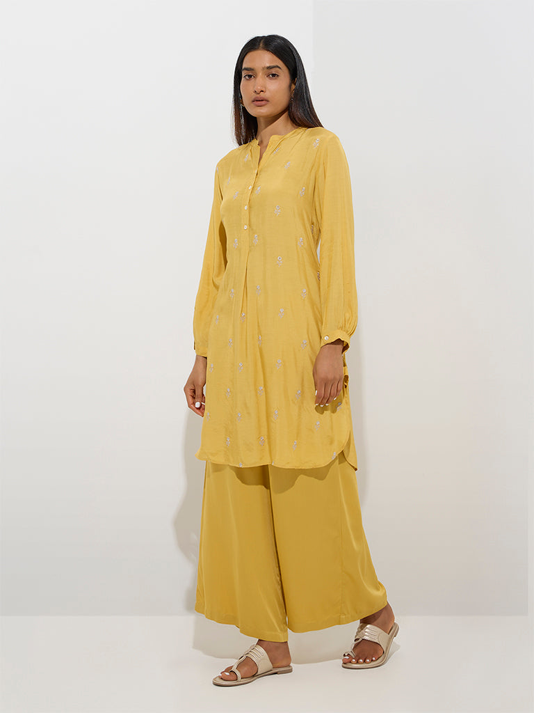 Zuba Mustard Floral Embroidered A-Line Kurta