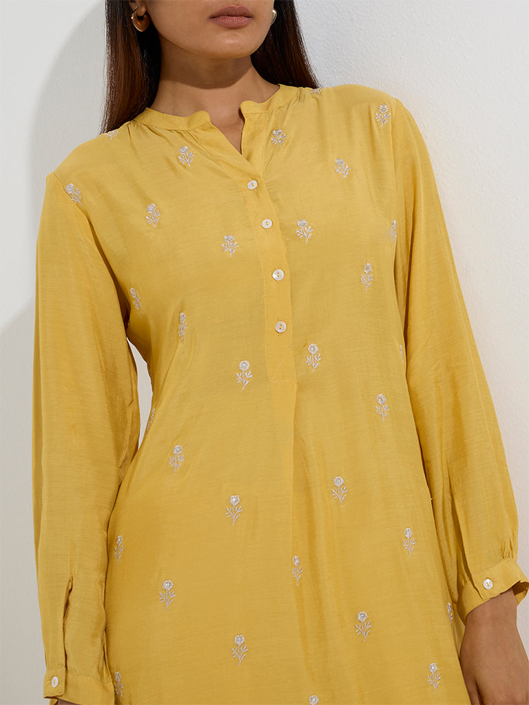 Zuba Mustard Floral Embroidered A-Line Kurta