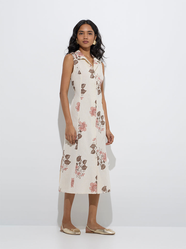 Utsa Off-White Floral Printed Shirt Dress