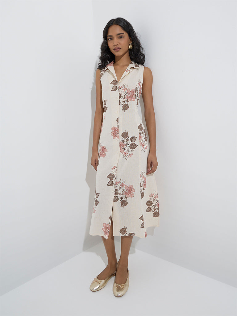 Utsa Off-White Floral Printed Shirt Dress