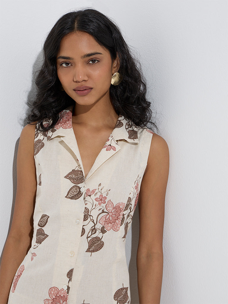 Utsa Off-White Floral Printed Shirt Dress