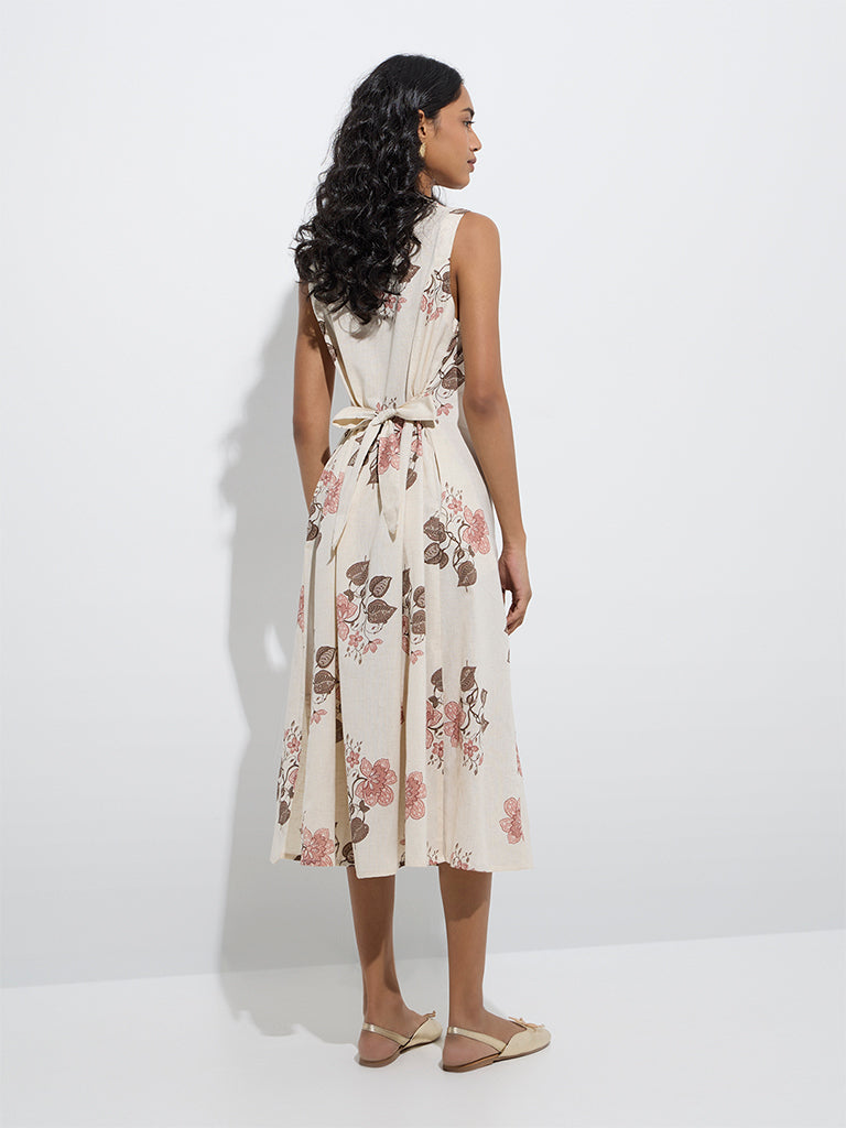 Utsa Off-White Floral Printed Shirt Dress