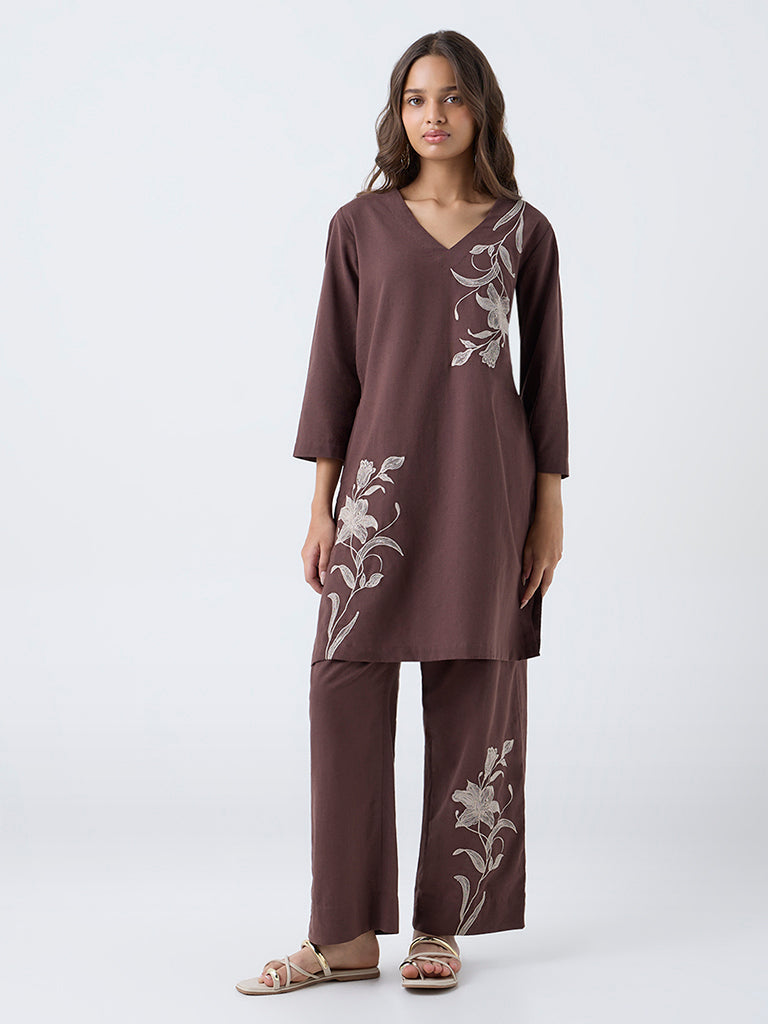 Utsa Brown Floral Embroidered Cotton-Blend Pants