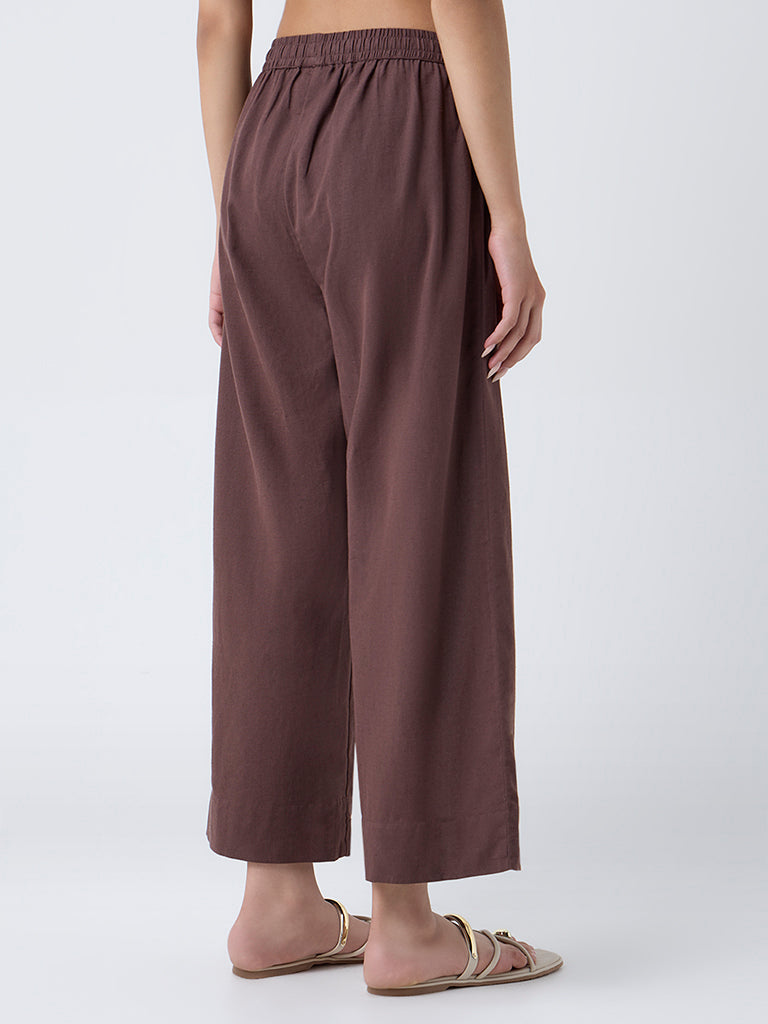 Utsa Brown Floral Embroidered Cotton-Blend Pants