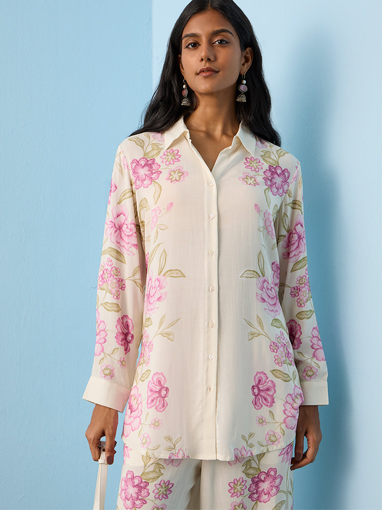 Utsa Off-White Floral Design Tunic