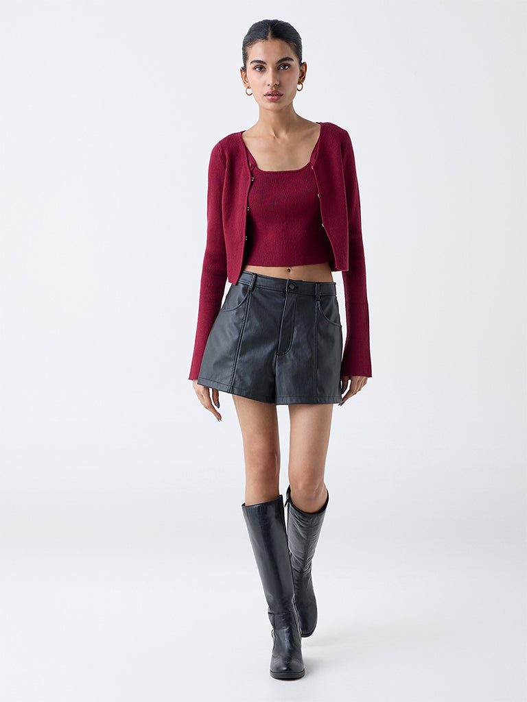 Nuon Red Ribbed Textured Cardigan with Inner