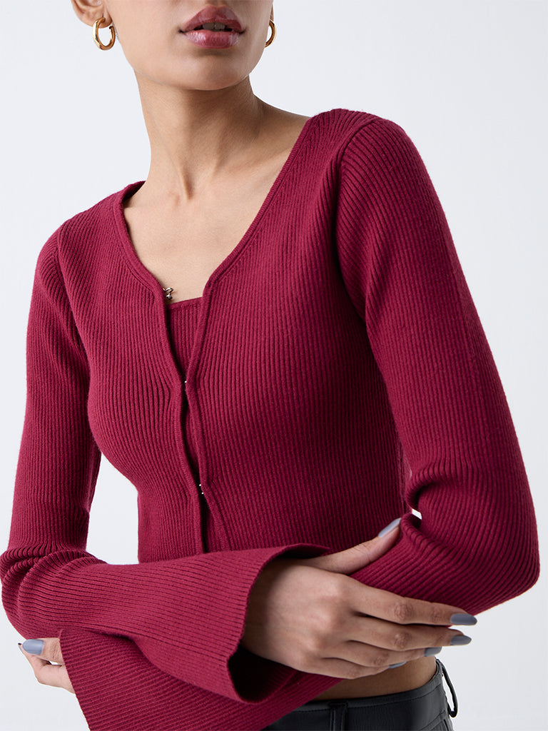Nuon Red Ribbed Textured Cardigan with Inner