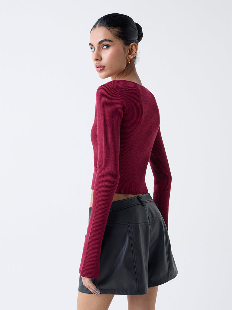 Nuon Red Ribbed Textured Cardigan with Inner