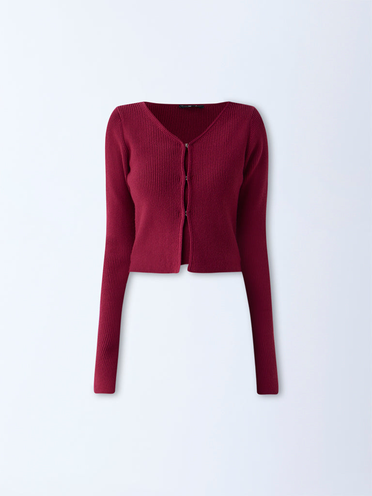 Nuon Red Ribbed Textured Cardigan with Inner