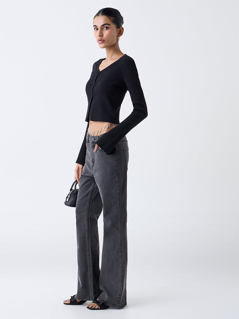 Nuon Black Ribbed Textured Cardigan with Inner