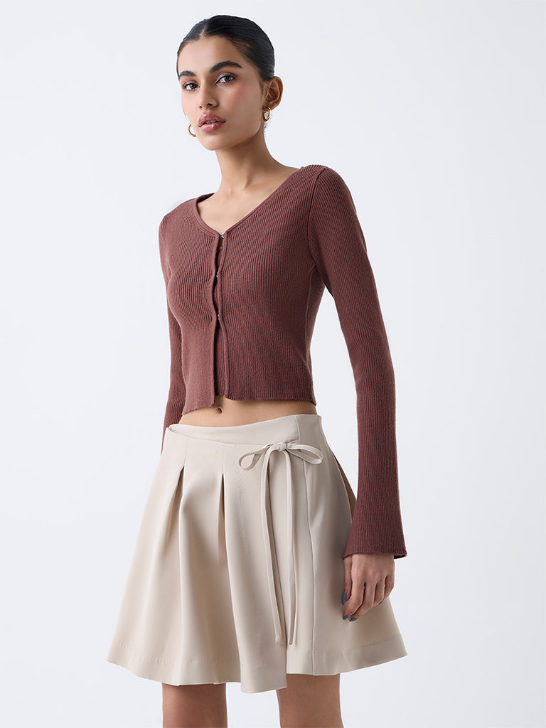 Nuon Brown Ribbed Textured Cardigan with Inner