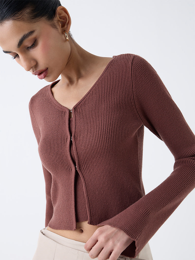 Nuon Brown Ribbed Textured Cardigan with Inner