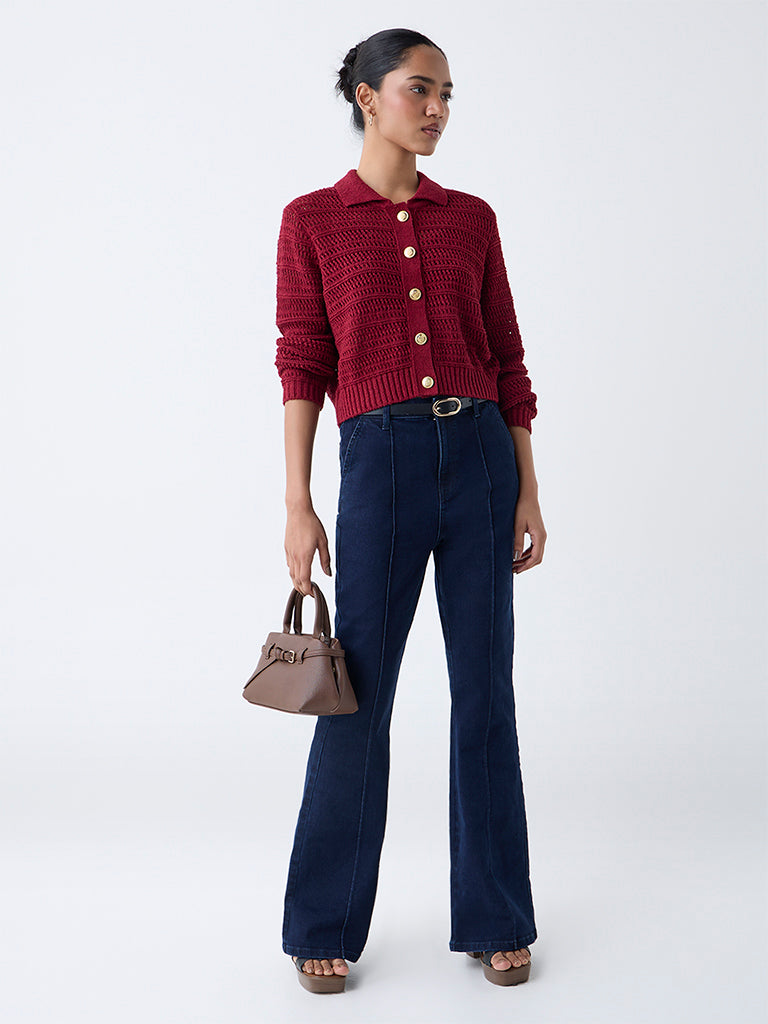LOV Burgundy Knit-Textured Cotton-Blend Cardigan