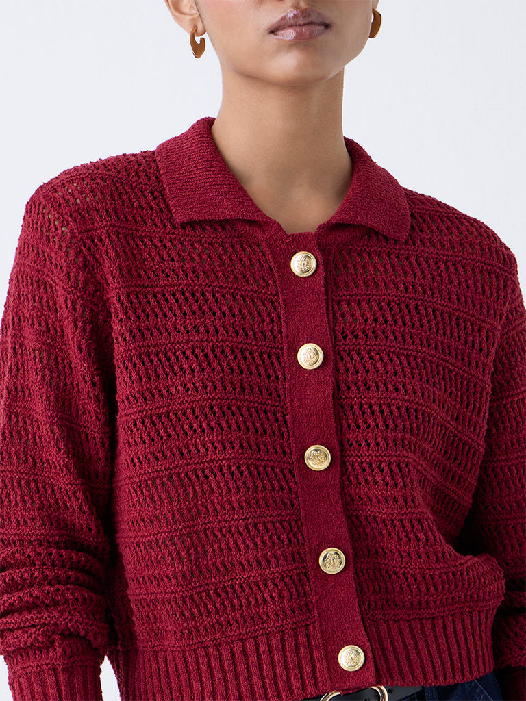 LOV Burgundy Knit-Textured Cotton-Blend Cardigan