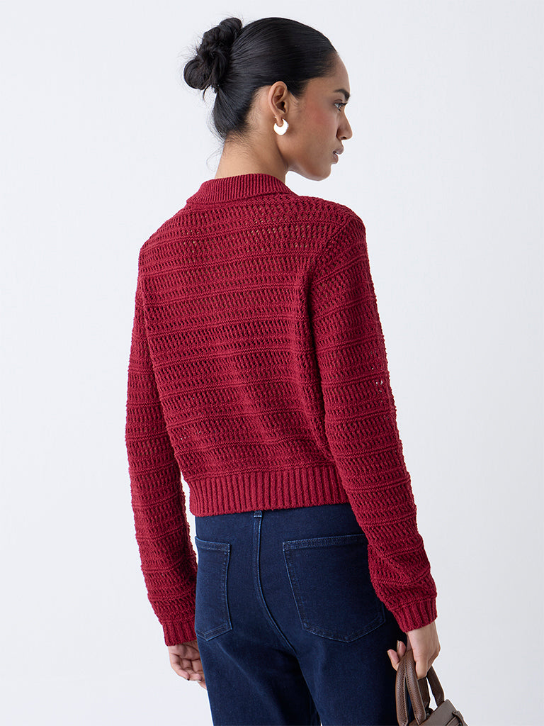 LOV Burgundy Knit-Textured Cotton-Blend Cardigan