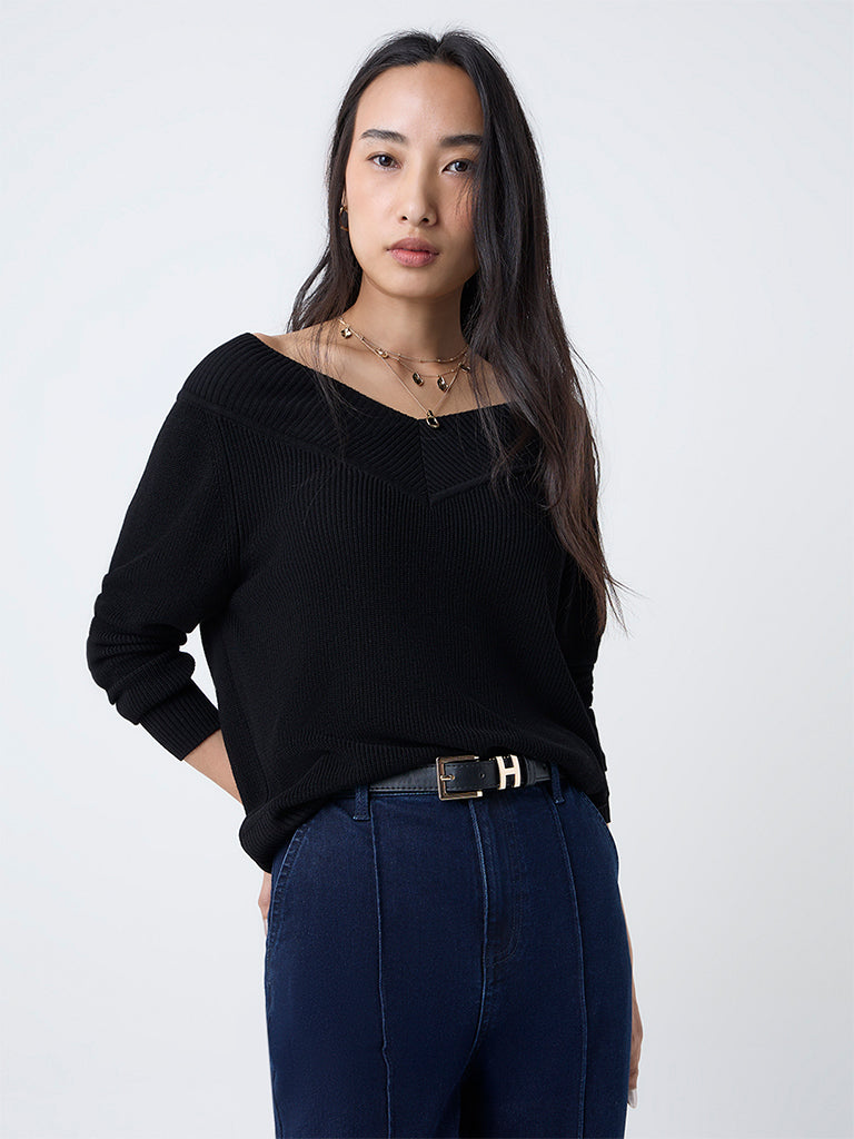 LOV Black Knit-Textured Top