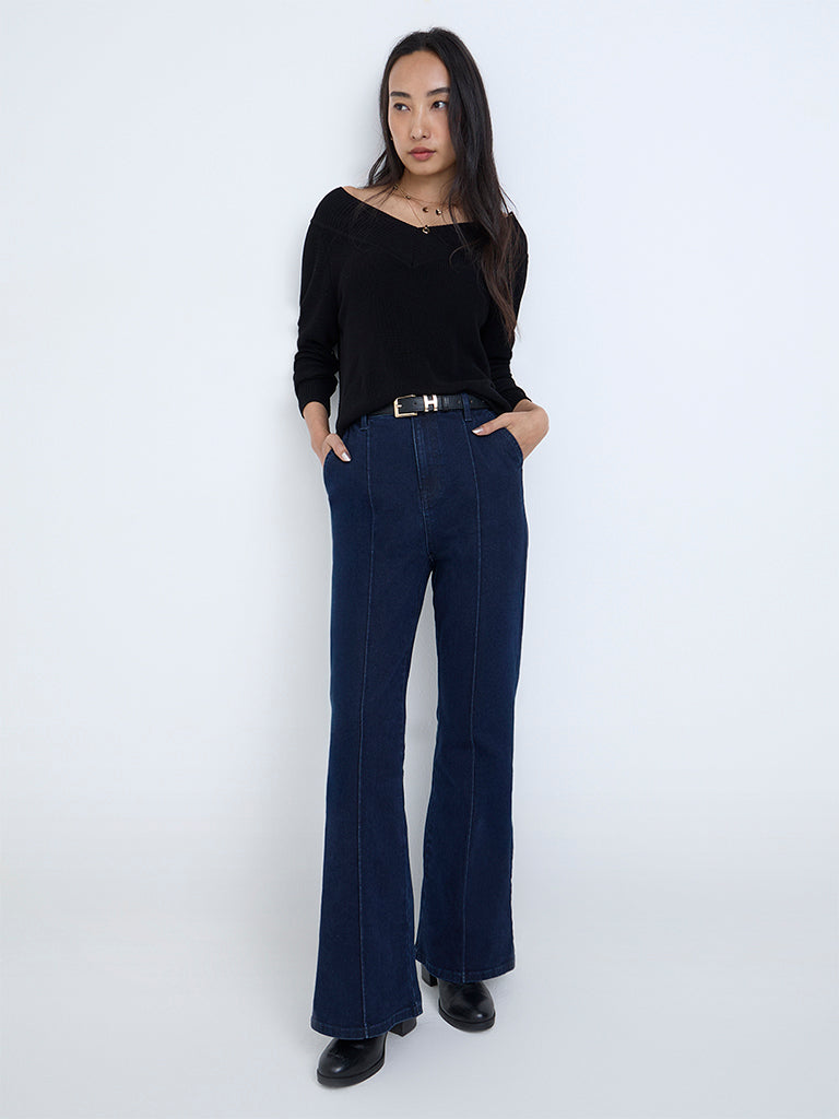 LOV Black Knit-Textured Top