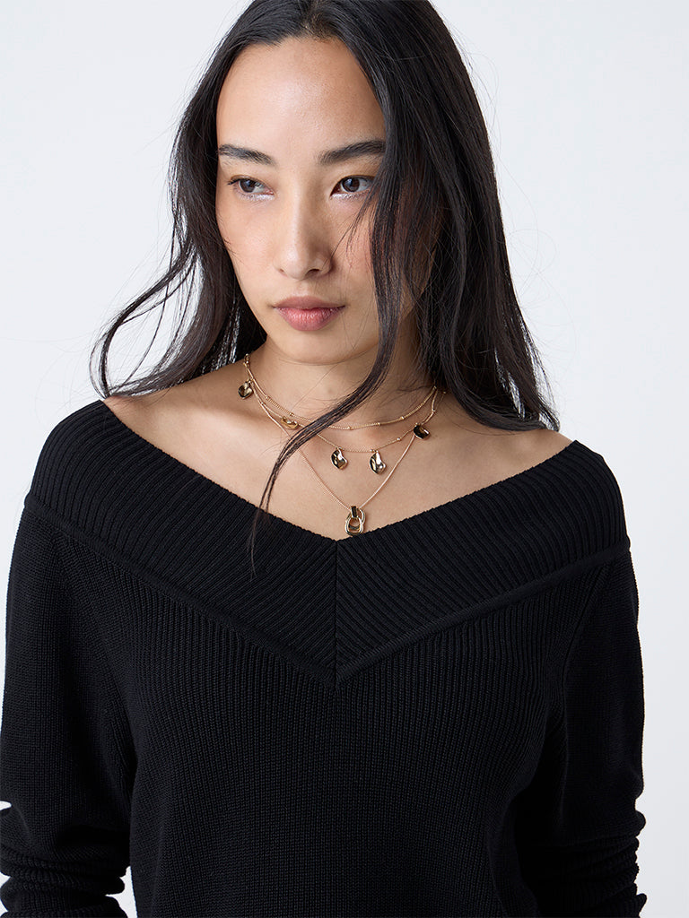 LOV Black Knit-Textured Top