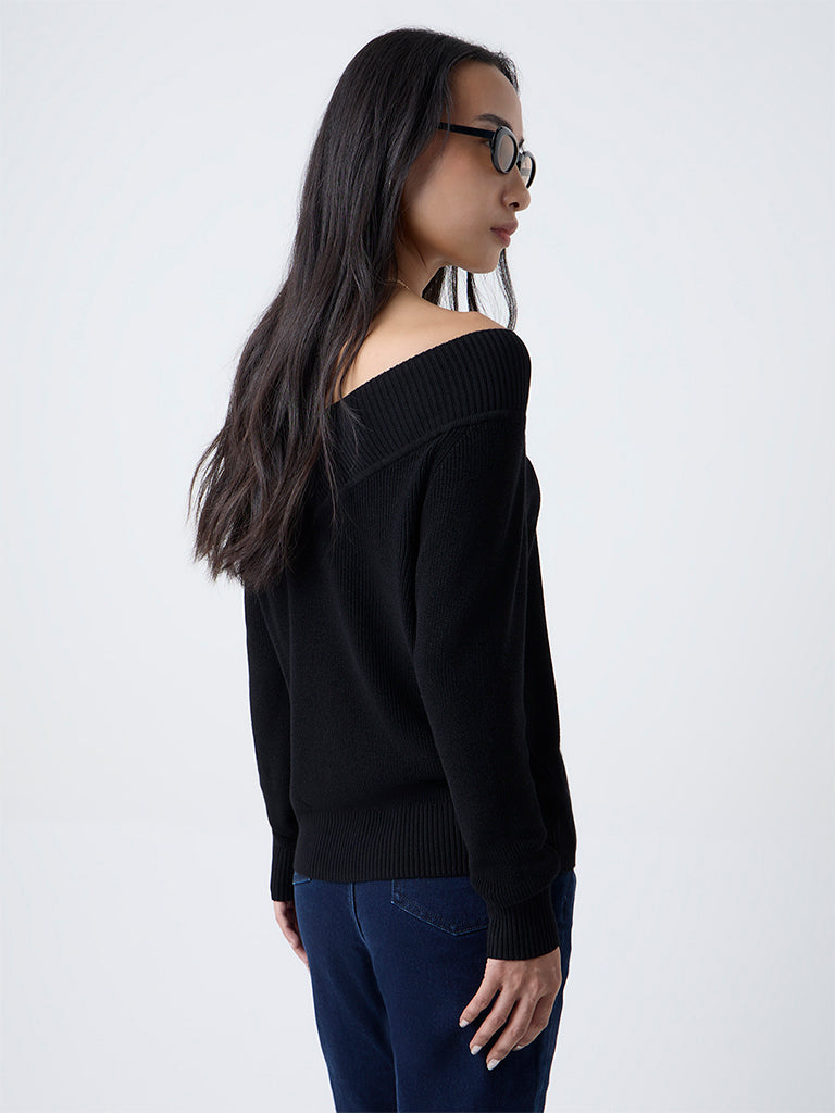 LOV Black Knit-Textured Top