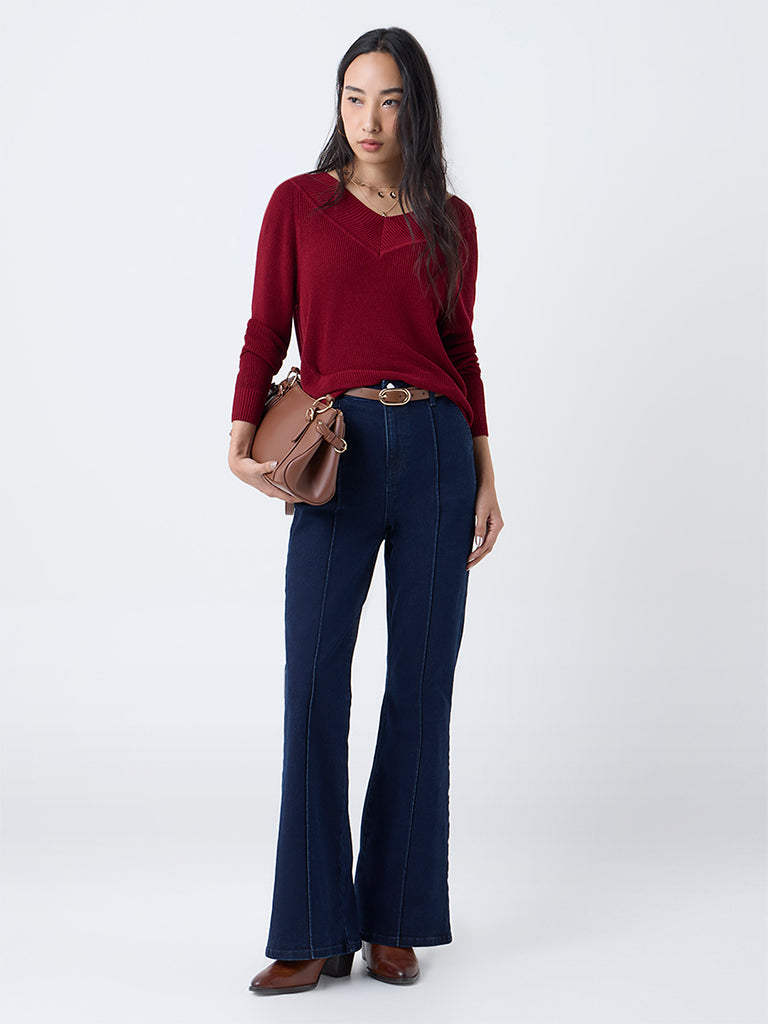 LOV Maroon Knit-Textured Top