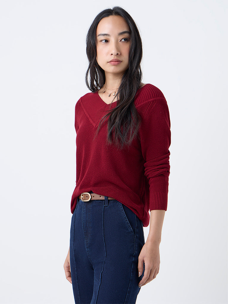 LOV Maroon Knit-Textured Top