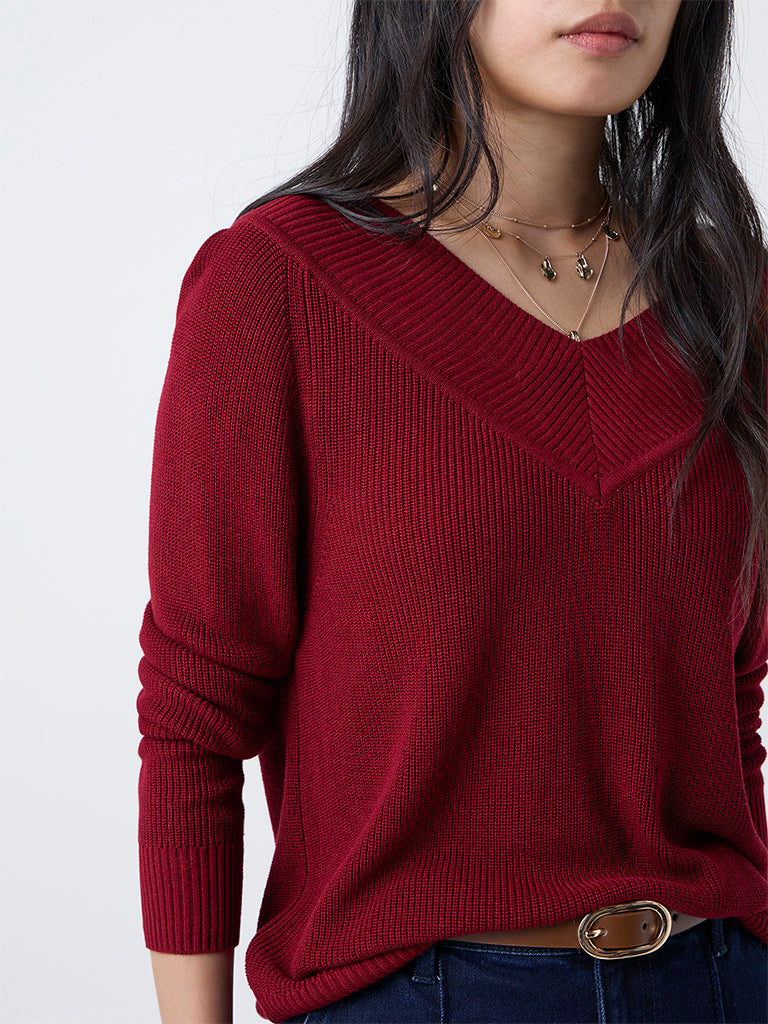 LOV Maroon Knit-Textured Top