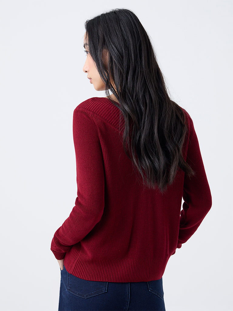 LOV Maroon Knit-Textured Top