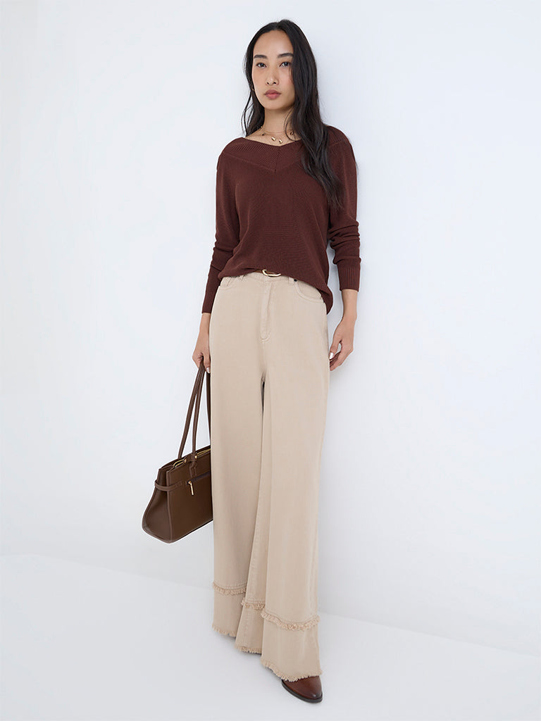 LOV Dark Brown Knit-Textured Top