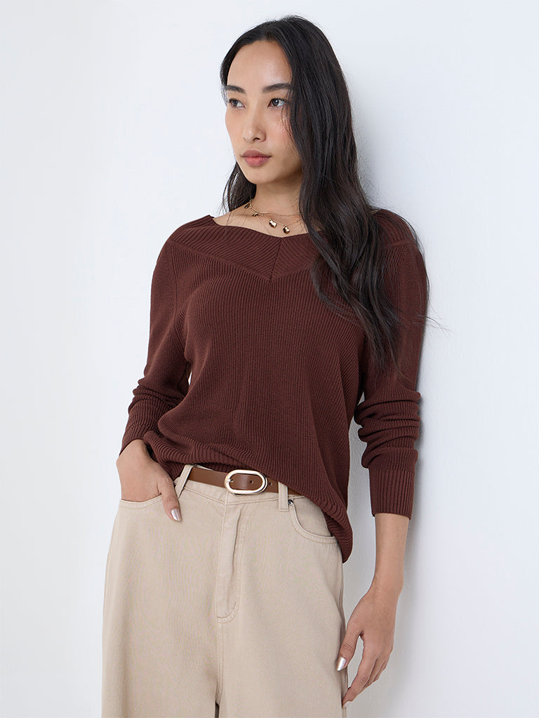 LOV Dark Brown Knit-Textured Top
